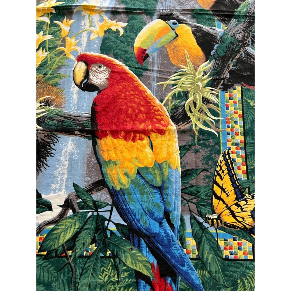 Vtg Wings of Paradise Fabric Panel Parrot Toucan Tropical Birds 36" x 45" approx - Picture 2 of 8